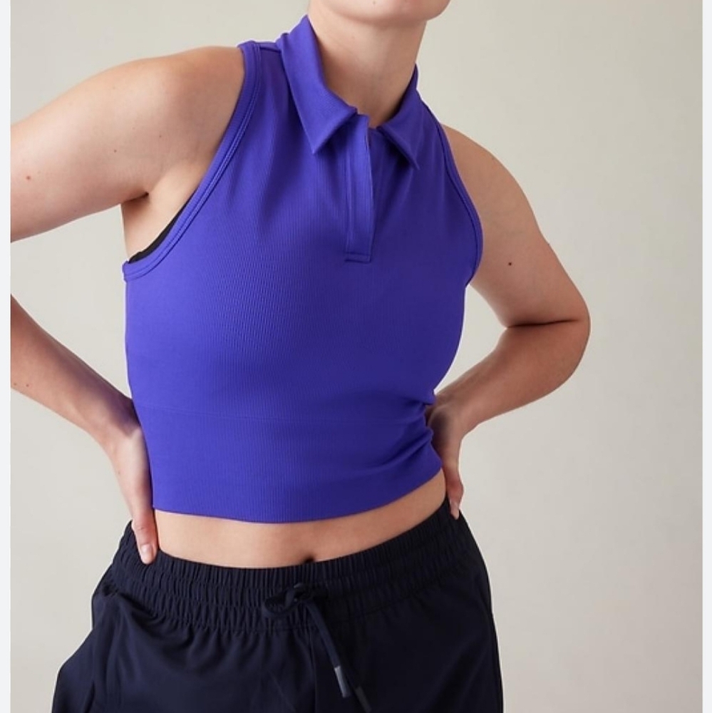 ATHLETA Aurora Seamless Crop Polo Tank V neck Athleisure Blue‎ Top XS